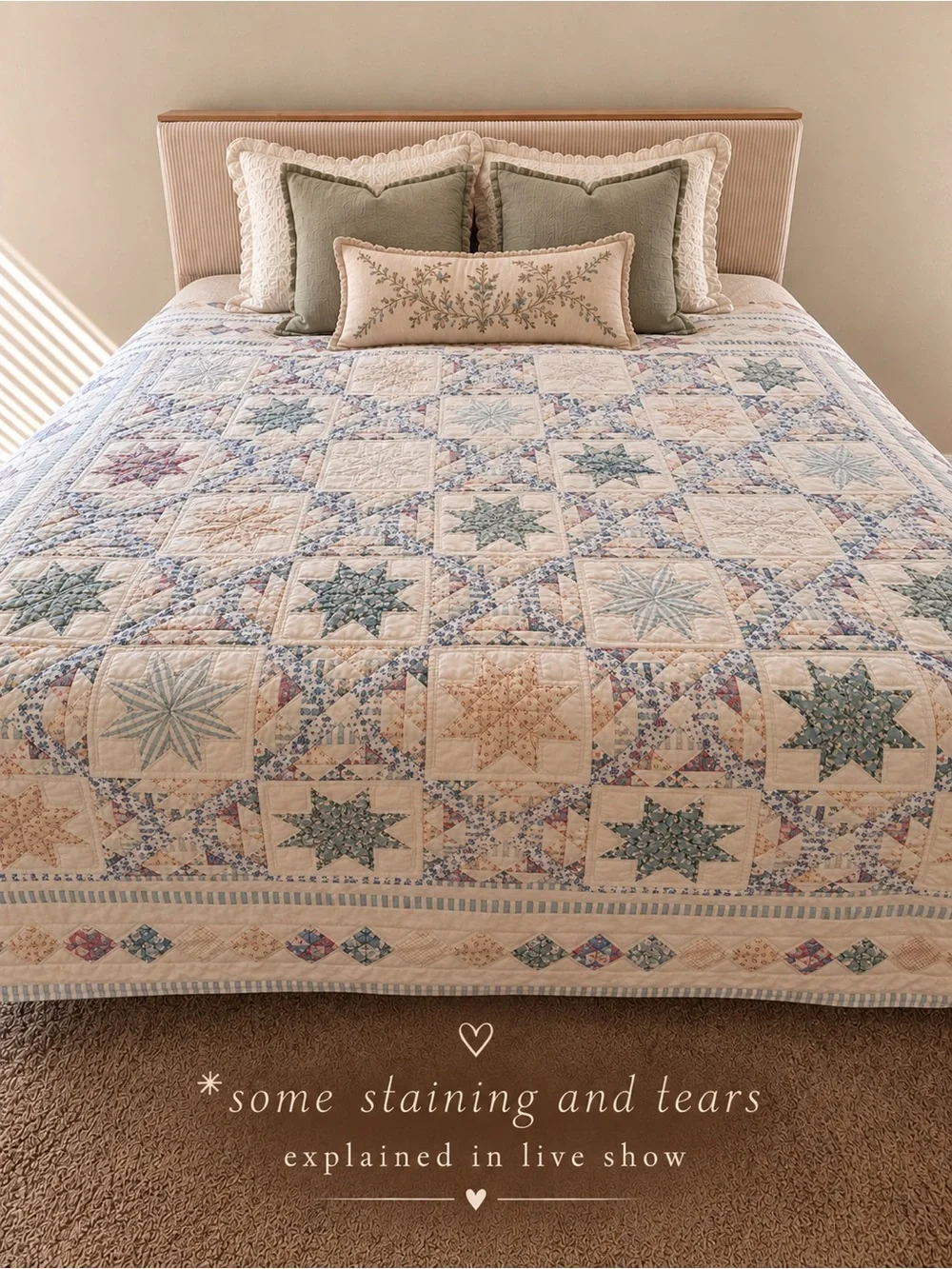 Vintage Handmade Star Quilt Blue & Cream Floral Patchwork Cottage Farmhouse-King